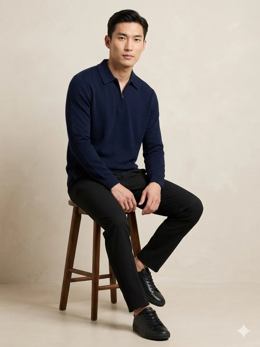 Men's navy zip polo knitwear featured on the homepage